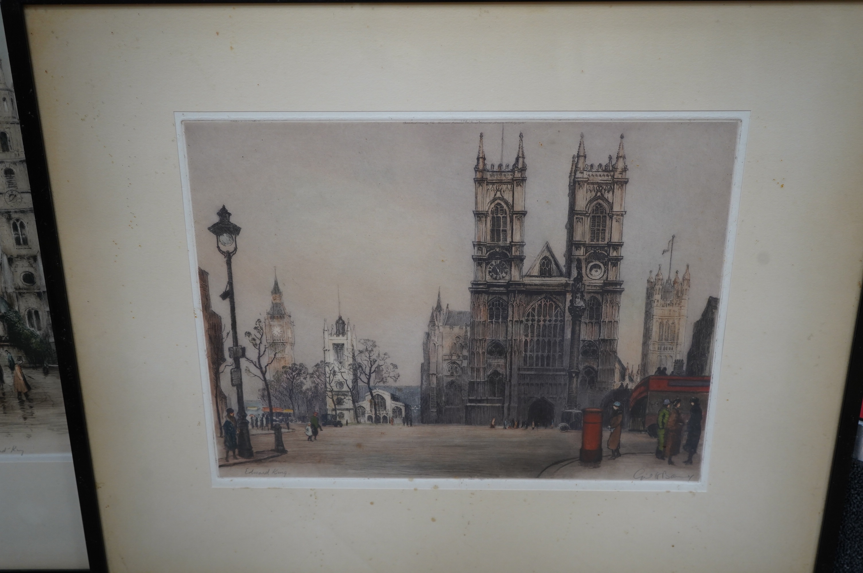 Edward King (1862-1951), a set of four colour etchings, including ‘Bow Church, Cheapside’ and ‘Westminster Abbey’, each signed in pencil, blind stamped, with the museum galleries labels verso, each 29 x 39cm. Condition -
